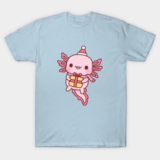 Cute Axolotl With Christmas Santa Hat Scarf And Present T-Shirt